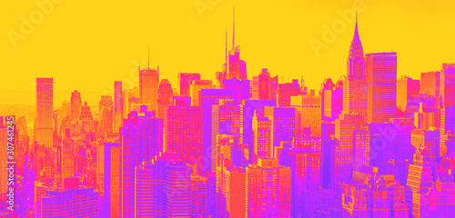 Aerial view of the New York City skyline near Midtown synth wave style