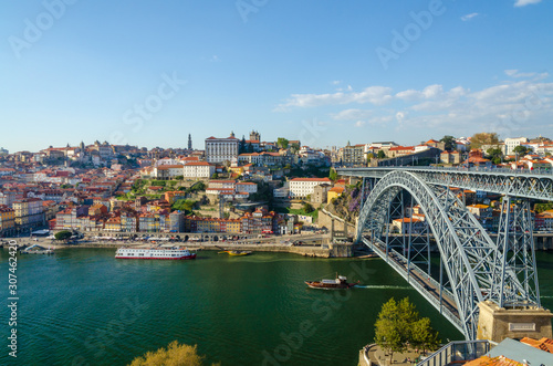 Approach view of the Dom Luis I bridge with part of Ribeira district