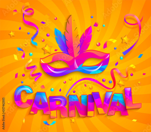Mask with feathers and confetti for fun carnival party. Traditional masque for carnaval,mardi gras, fesival,masquerade,parade.Template for design invitation,flyer poster,banners. Vector illustration.