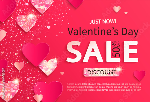 Sale banner for Valentine's day. Just now discounts.Poster with glitters and shiny hearts on pink abstract background, shimer, ornaments.Template for flyer, invitation for february 14.Vector