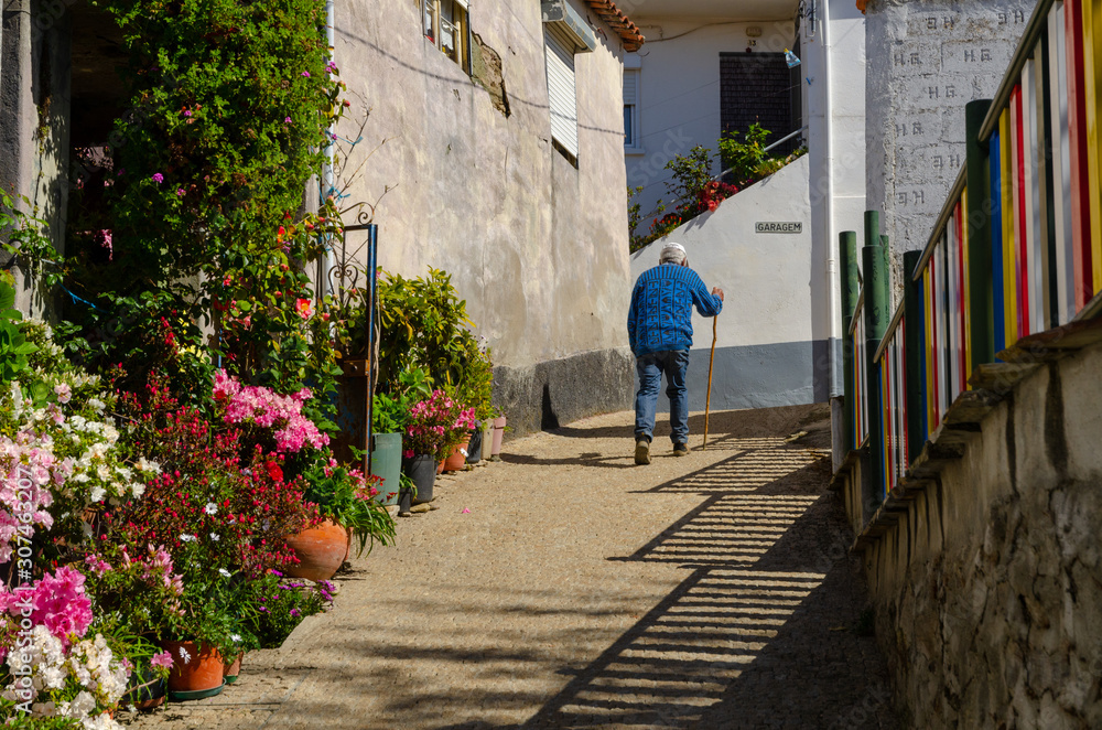 An old man climbing a flowery alley in a village on the heights of the Douro River An old man climbing a flowery alley in a village on the heights of the Douro River