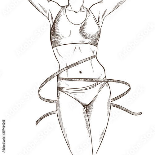 Slim woman body with measuring tape, hand drawn