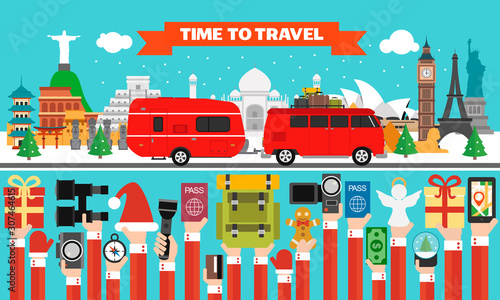 New Year time to travel design flat with red microbus, trailer camping, around the world. Vector illustration