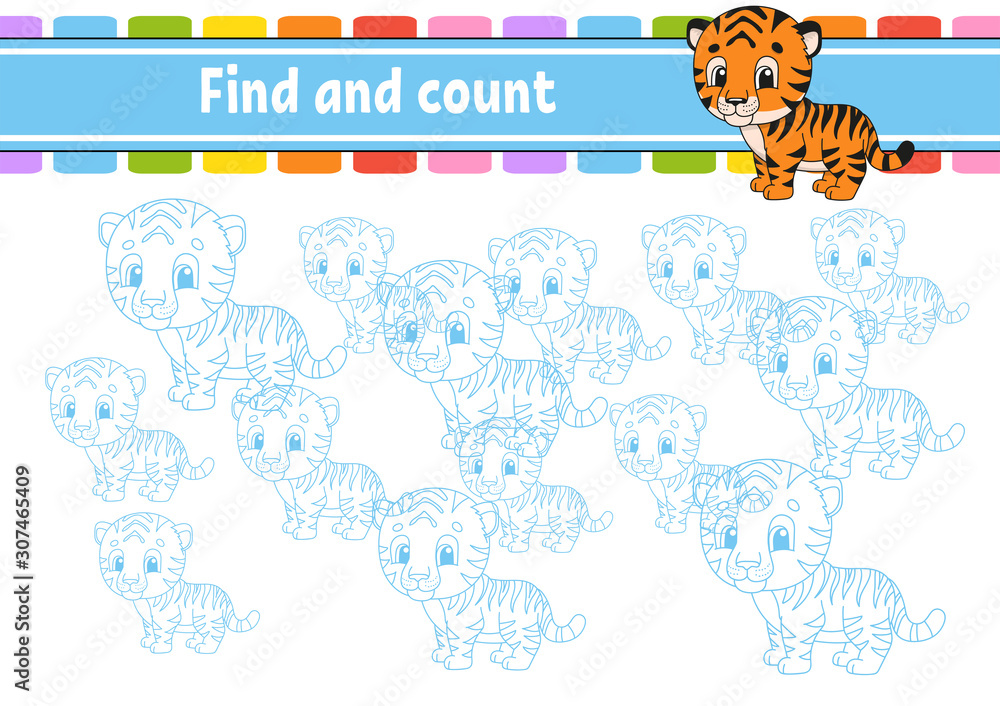 Fototapeta premium Find and count. Education developing worksheet. Activity page with pictures. Puzzle game for children. Logical thinking training. Isolated vector illustration. Funny character. Cartoon style.