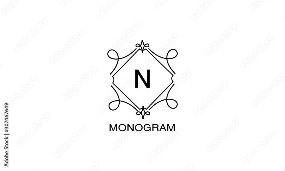 Contemporary logo with floral elegant lines and the letter N. Design monogram elements, corporate identity sign for restaurant, royalty, boutique, cafe, hotel. Vector illustration Contemporary logo with floral elegant lines and the letter N. Design monogram elements, corporate identity sign for restaurant, royalty, boutique, cafe, hotel. Vector illustration
