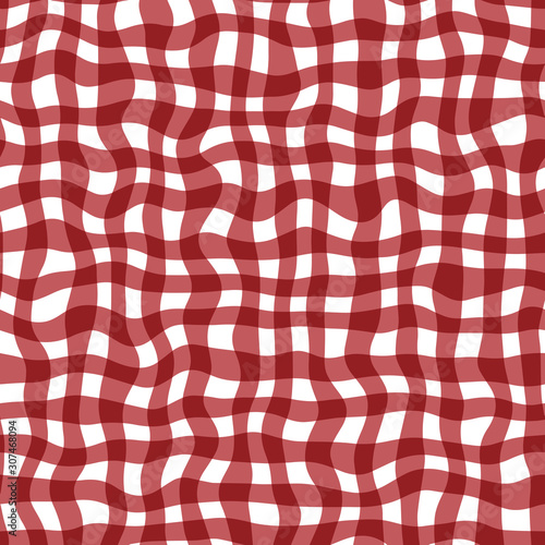 Distorted Gingham Design. Red and white trippy wavy free-spirited psychedelic stripes seamless repeat vector pattern swatch. Modern 1970s inspired ripply checked wave stripe.