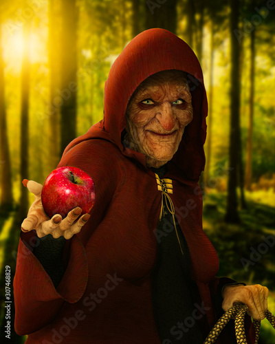 Fotografie, Obraz Fairytale evil old witch holding a poisoned red apple at twilight