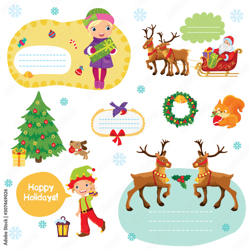 Obraz premium Children With Santa And Deer On New Years Cards