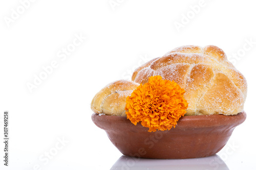 Cempazuchitl flowers, dead bread and Mexican skull for the day of the dead in Mexico