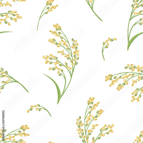 Ears of proso millet on white background seamless pattern. Vector illustration of cereal plants in cartoon flat style.