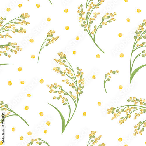 Seamless pattern with cereal plant Proso millet. Vector illustration of ears of millet and yellow grains in cartoon flat style.