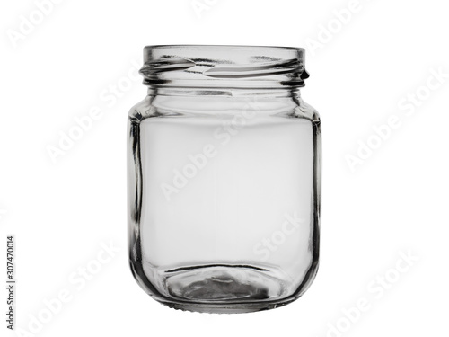 empty glass jar without lid isolated on white background