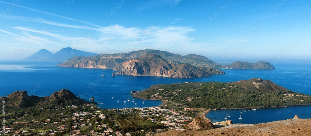 panoramic view of vulcano and lipari aeolian islands, italy