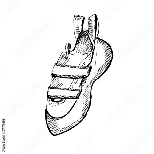 Hand drawn rock climbing shoes. Sketch illustration on white background.