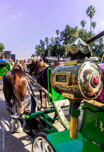 Candelabro en carroza de color verde tirada por dos caballos © RayArt