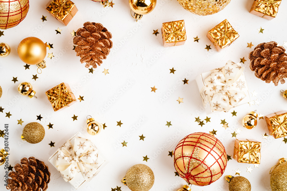 christmas golden background, christmas decoration, cones, balls, glitter, flat lay christmas golden background, christmas decoration, cones, balls, glitter, flat lay