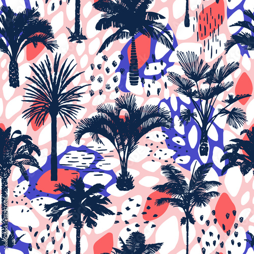 Palm tree seamless pattern with abstract doodle texture. Silhouettes of drawn tropical plants. Flat trendy exotic background with banana and coconut palm trees. Good for wallpaper, web page, textile,