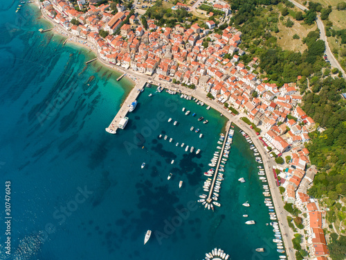 Aerial view above of Ba?ka boat pier during the summer, Croatia. photo