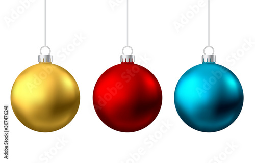 Realistic  gold, red, blue  Christmas  balls  isolated on white background.