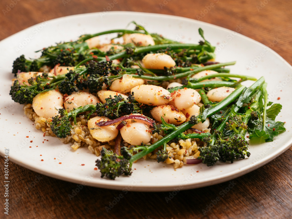 Purple Sprouting Broccoli with Giant Beans on Freekeh Purple Sprouting Broccoli with Giant Beans on Freekeh
