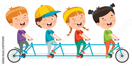 Happy Little Children Riding Bicycle
