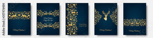Christmas  golden  decoration  with  Xmas  reindeer, gifts,  snowflakes.