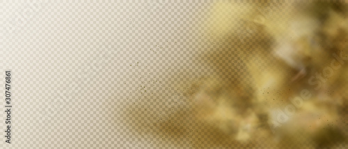 Dust or smoke cloud, brown heavy smog steam with motes, sand and soil particles right side frame isolated on transparent background. Cigarette vapor element. Realistic 3d vector illustration, clip art