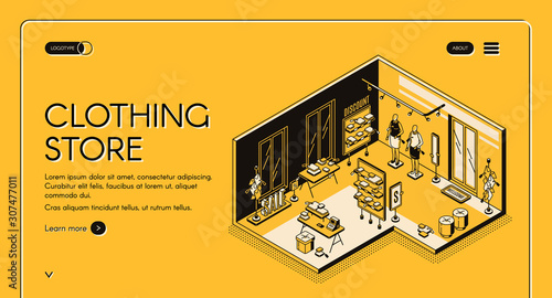 Clothing store isometric landing page. Empty shop interior with goods on shelves, cashier desk, sale and discount signboards, mannequins with dress samples, 3d vector line art illustration, web banner