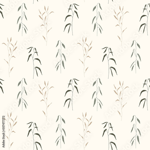 Fototapeta Naklejka Na Ścianę i Meble -  Seamless floral pattern in vintage style. Leaves and plants. Botanical illustration. Hand drawn vector pattern for card, poster, flyer, home decor, fabric and textile