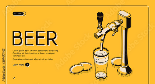 Beer tap isometric landing page, alcohol drink pouring from pub faucet with handle to empty glass on bar desk. Craft brew advertising poster on yellow background. 3d vector line art illustration