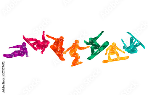 Snowboard, snowboarders, snowboarding extreme winter sport people silhouettes vector illustration, riding a board, tricks