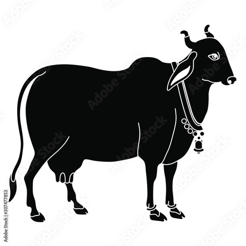 Stylized Hindu cow. Indian sacred animal. Black and white silhouette.