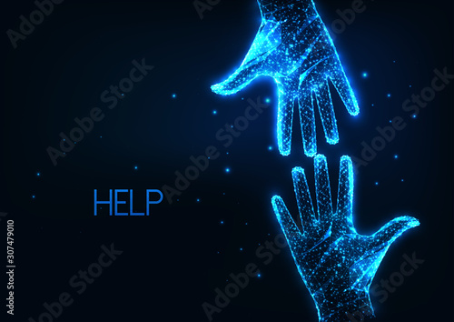 Futuristic help, assistance concept with two glowing low polygonal human hands reaching each other