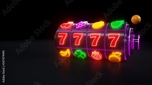 7777 Slot Machine With Fruit Icons. Online Gambling Concept With Neon Lights - 3D Illustration © levan