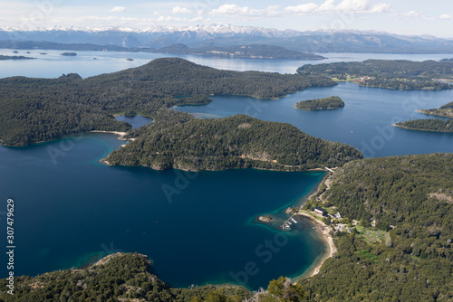 Fototapeta Naklejka Na Ścianę i Meble -  Aerial view of the landscape in San Carlos de Bariloche. Nature and lakes of Patagonia. Nahuel Huapi National Park, Argentina, Patagonia.