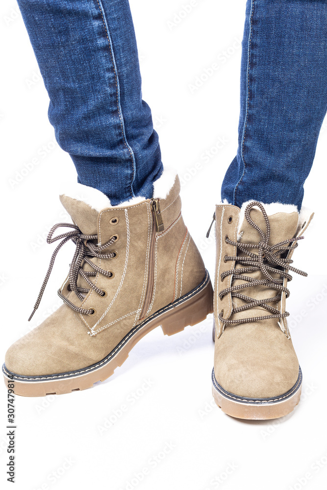 demi-season, women's shoes, beige, on the feet in jeans, white background, laces, laced