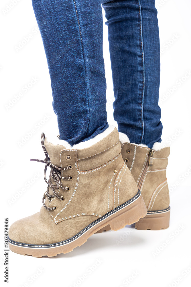 demi-season, women's shoes, beige, on the feet in jeans, white background, laces, laced