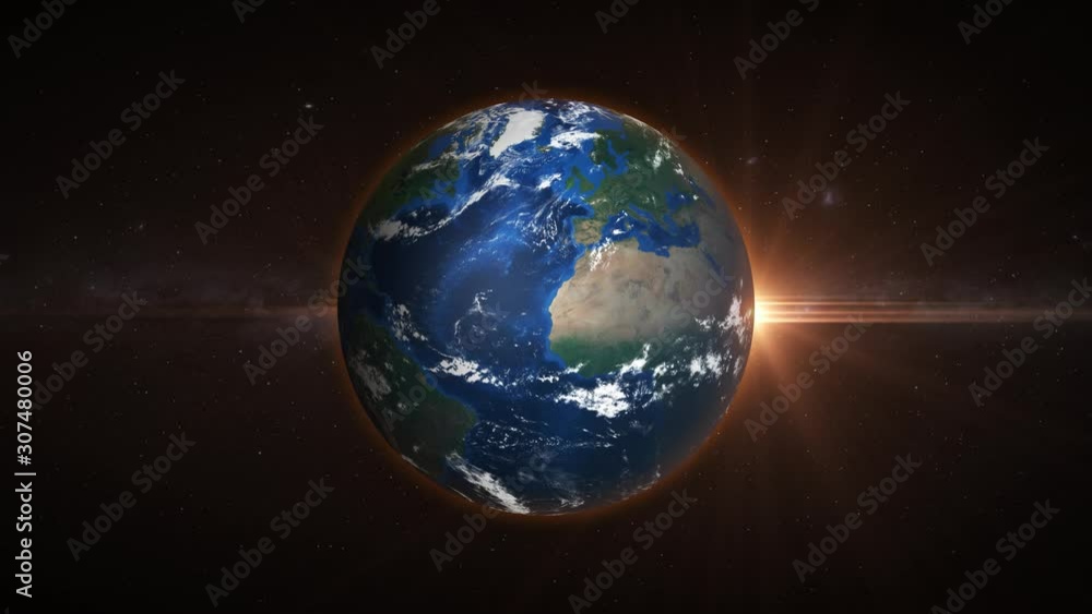 Rotating Earth Planet, Moving World 3D Loop Animation with Optical Light Flare Effect. High Quality 4K Resolution. Rotating Earth Planet, Moving World 3D Loop Animation with Optical Light Flare Effect. High Quality 4K Resolution.
