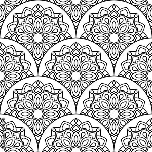 Abstract mandala fish scale seamless pattern. Ornamental tile  mosaic background. Floral patchwork infinity card. Arabic  Indian  ottoman motifs. Vector illustration.   