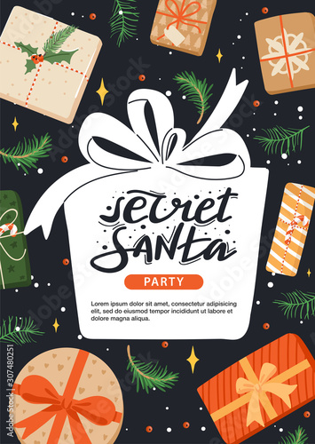 Secret Santa invitation template with present, fir-tree branch, berry and star. Gift box shape with stylish lettering and copy space. Design concept for invitation, poster, banner etc. Vector.