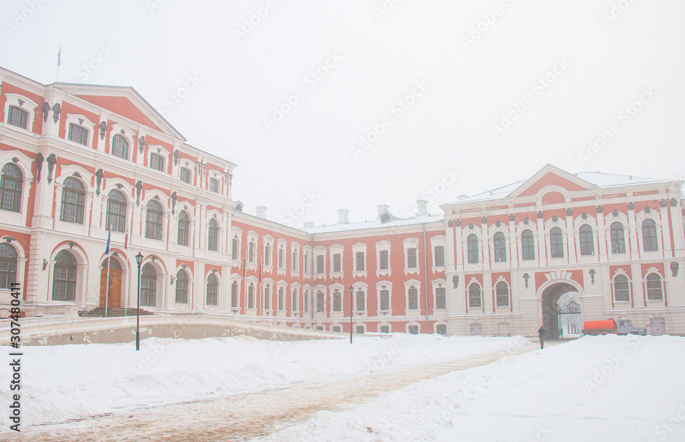 Jelgava Palace in the winter. The palace is the largest baroque palace in the Baltic countries, currently the Latvian Agricultural University.