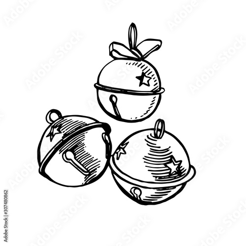 Christmas Jingle Bells. Hand drawn illustration. New year and Christmas design elements. Greeting card invitation with xmas graphic. Vintage illustration.