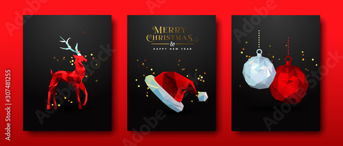 Christmas set red low poly abstract 3d decoration