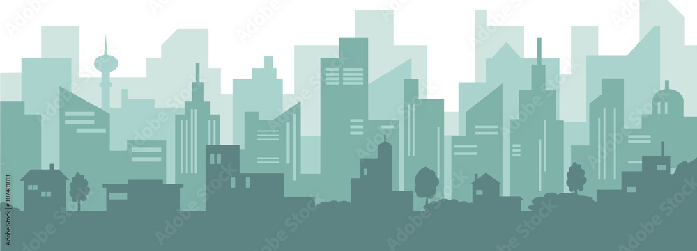 Silhouette of modern city with skyscraper and old houses.