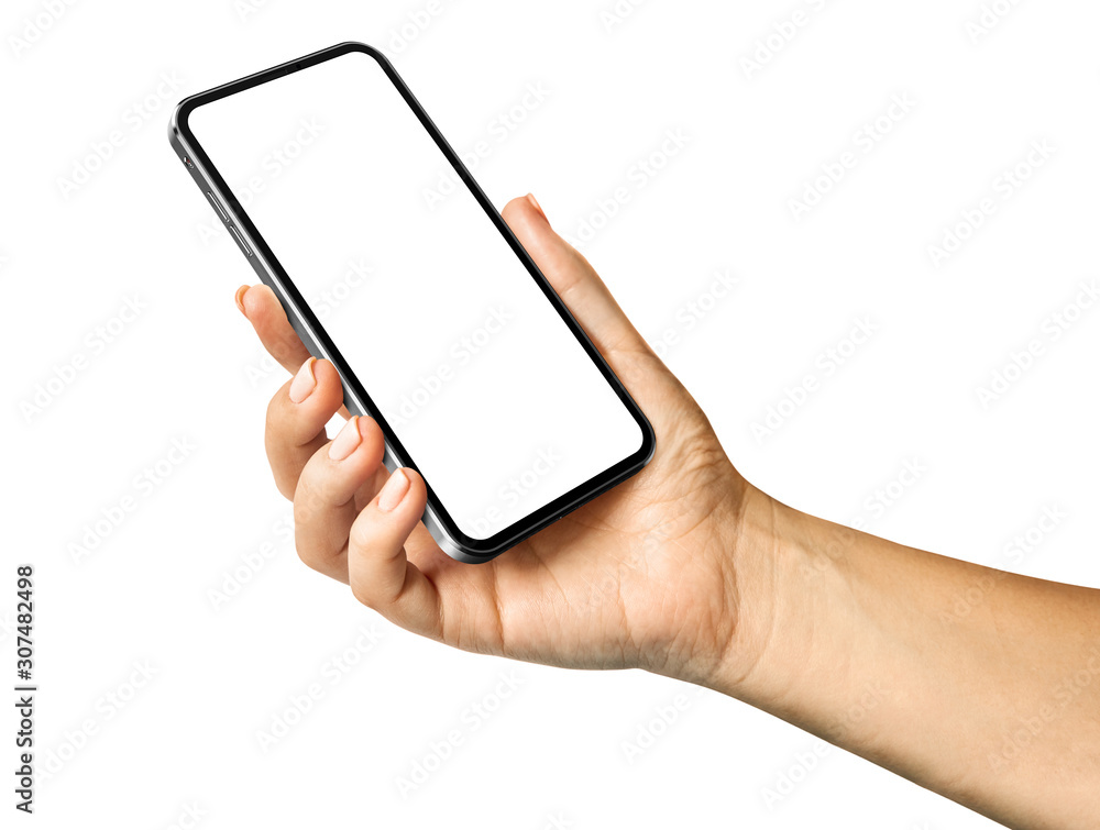 Woman hand holding the black smartphone with blank screen and modern frameless design in two rotated perspective positions  - isolated on white background