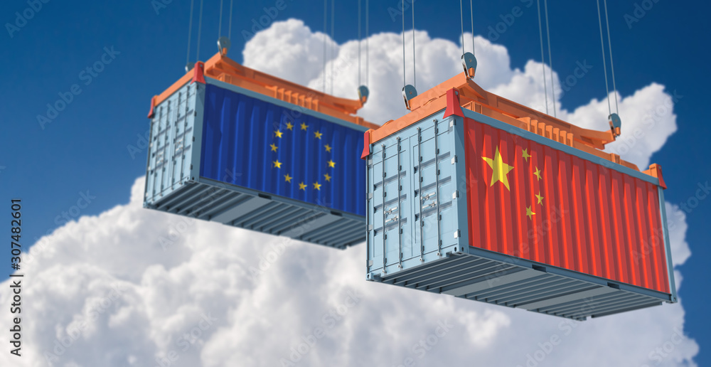 Two freight container with European Union and China flag. 3D Rendering