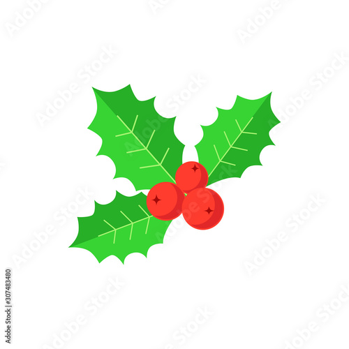 Cristmas holly with berry and leaves. Simple flat icon isolated on white background. Vector 10 EPS illustration.