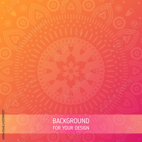 Cute floral ornament background with orange to pink gradient. Round mandala