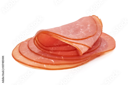 Sliced Smoked Ham sausage, isolated on white background