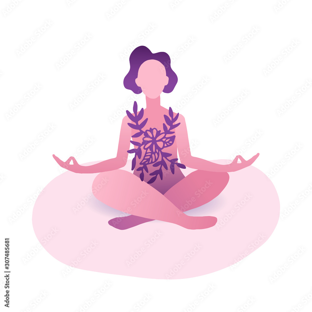 Young pretty woman performing yoga exercise. Female cartoon character sitting in lotus posture and meditating vipassana 